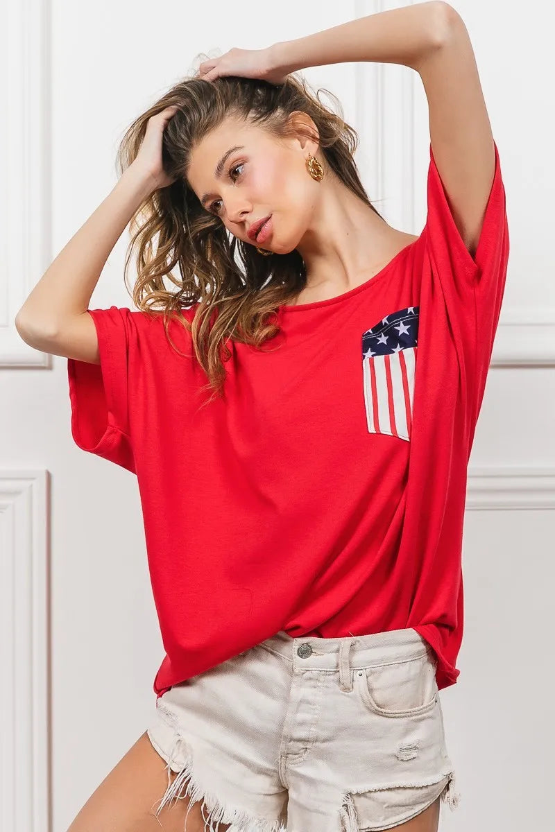 Red French Terry With Front Pocket Dolman Sleeves Top - Tigbul's Variety Fashion Shop