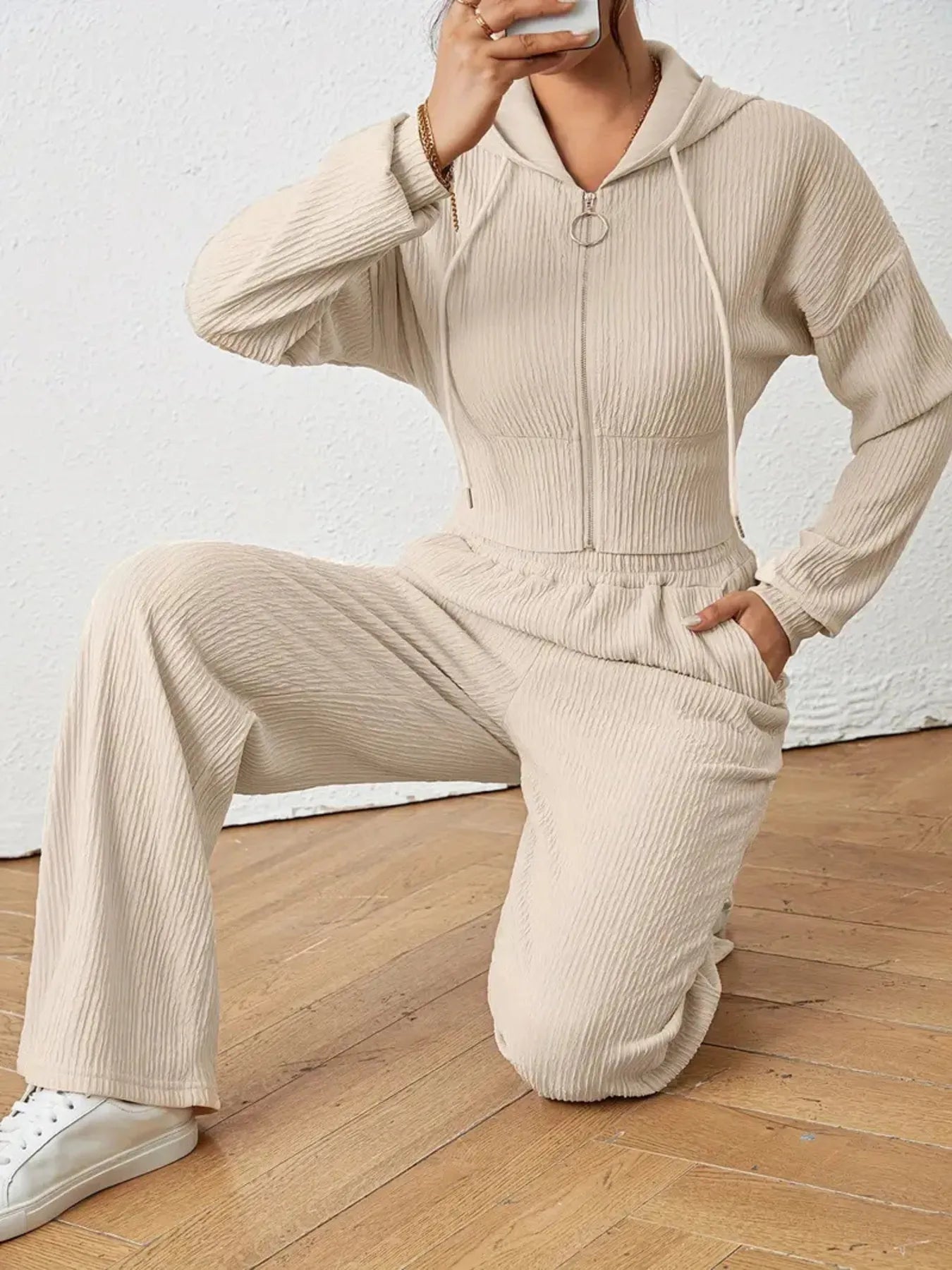 Drawstring Zip Up Hooded Top and Pants Set - Tigbul's Variety Fashion Shop