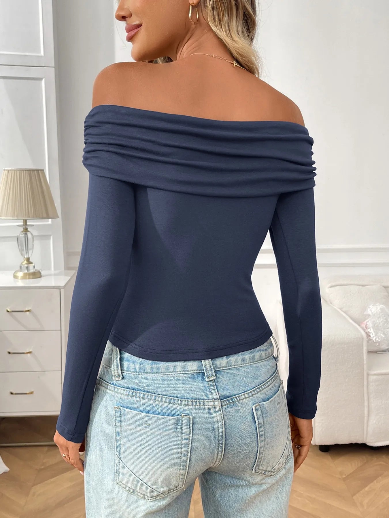 Off-Shoulder Long Sleeve Fitted T-Shirt - Tigbul's Variety Fashion Shop