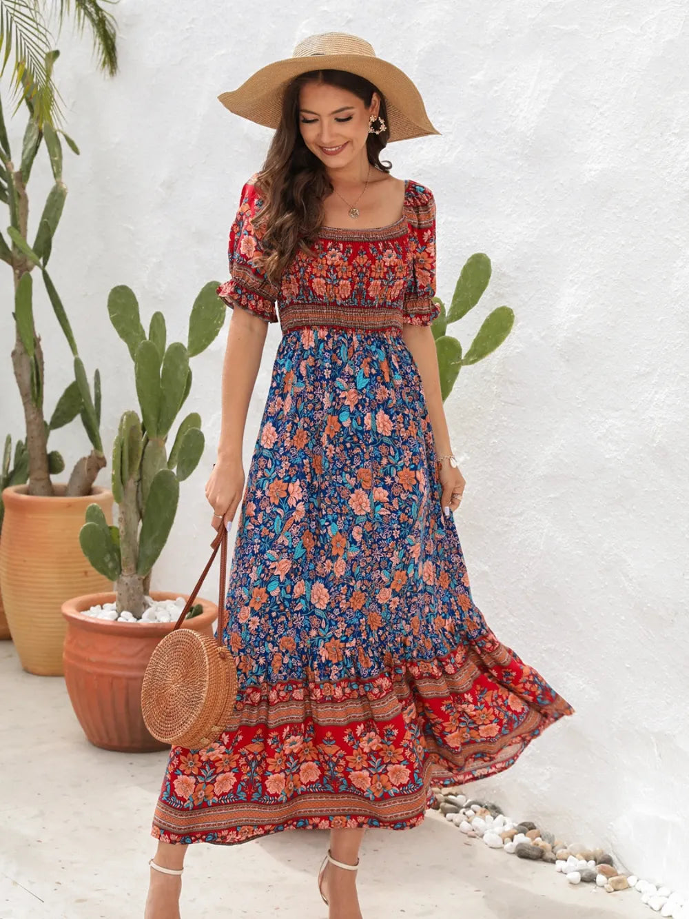 Floral Flounce Sleeve Midi Dress - Tigbul's Variety Fashion Shop