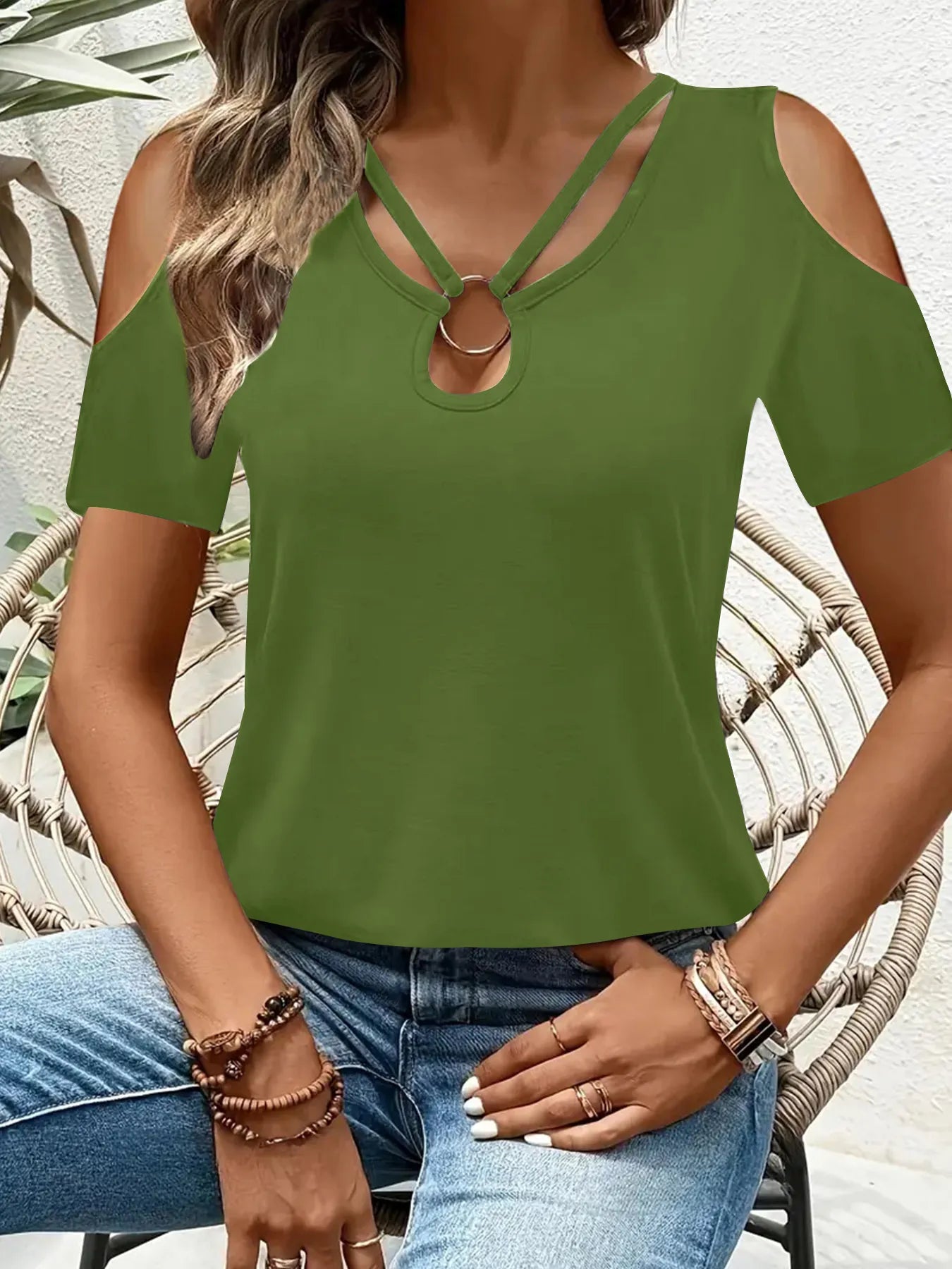 Cold Shoulder T-Shirt with Metal Ring Detail - Tigbul's Variety Fashion Shop