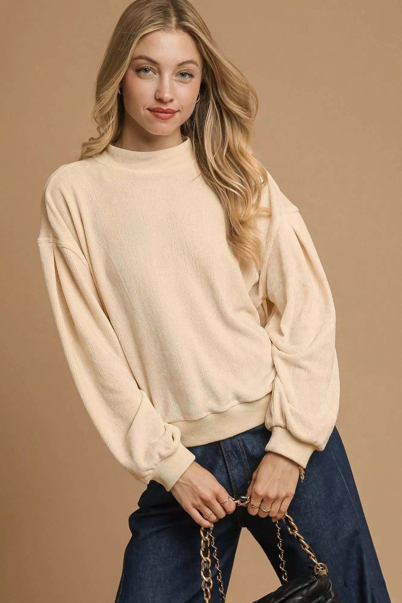 Umgee Velour Crewneck Balloon Sleeve Sweatshirt - Tigbul's Variety Fashion Shop