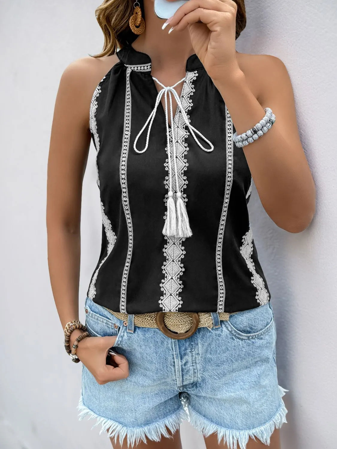 Black Tassel Tied Embroidered Tank - Tigbul's Variety Fashion Shop