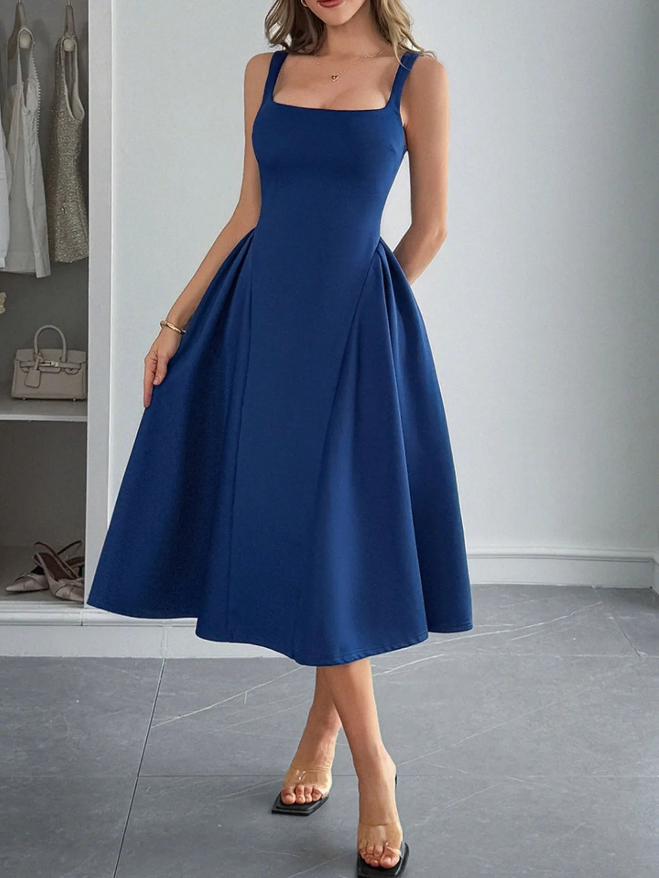 Square Neck Wide Strap Midi Dress - Tigbul's Variety Fashion Shop