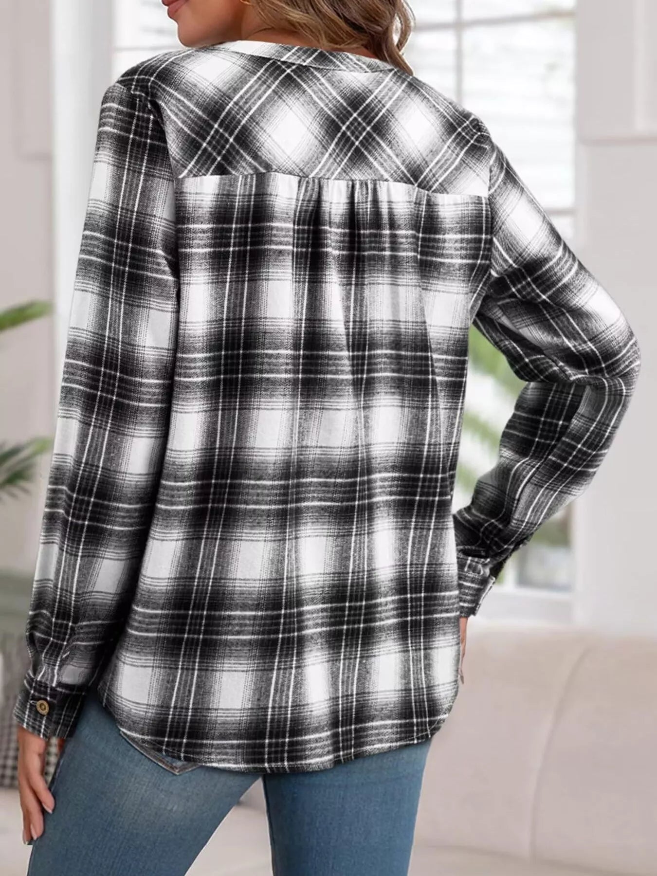Plaid Half Button Long Sleeve Blouse - Tigbul's Variety Fashion Shop