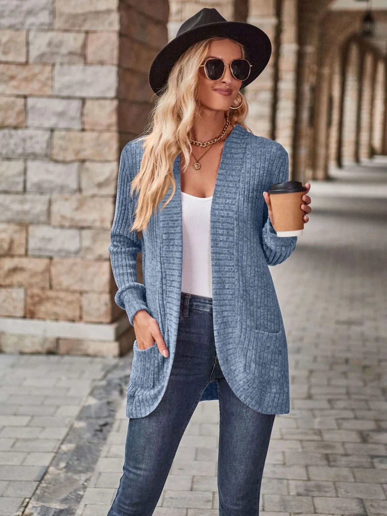 Ribbed Open Front Long Cardigan with Pockets - Tigbul's Variety Fashion Shop