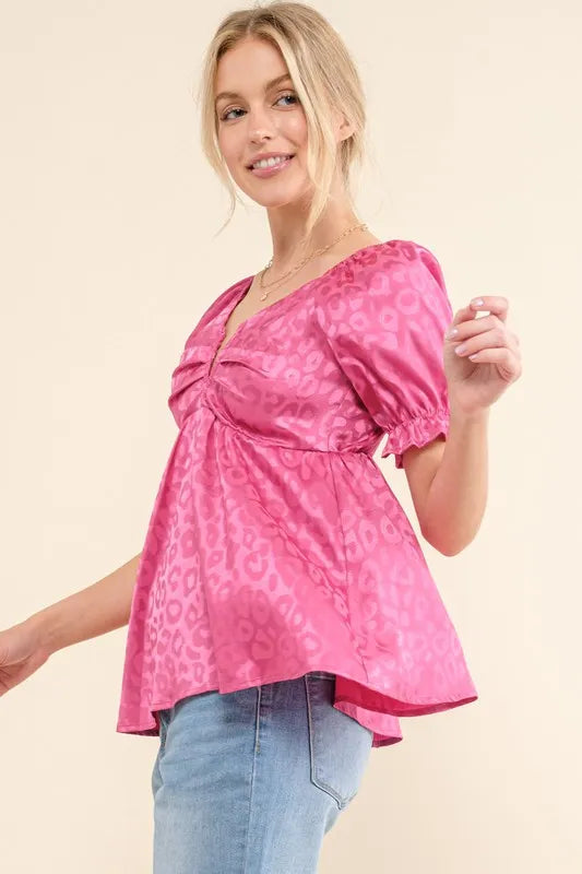 Fuchsia Satin Leopard V Wired Puff Sleeves Blouse - Tigbul's Variety Fashion Shop