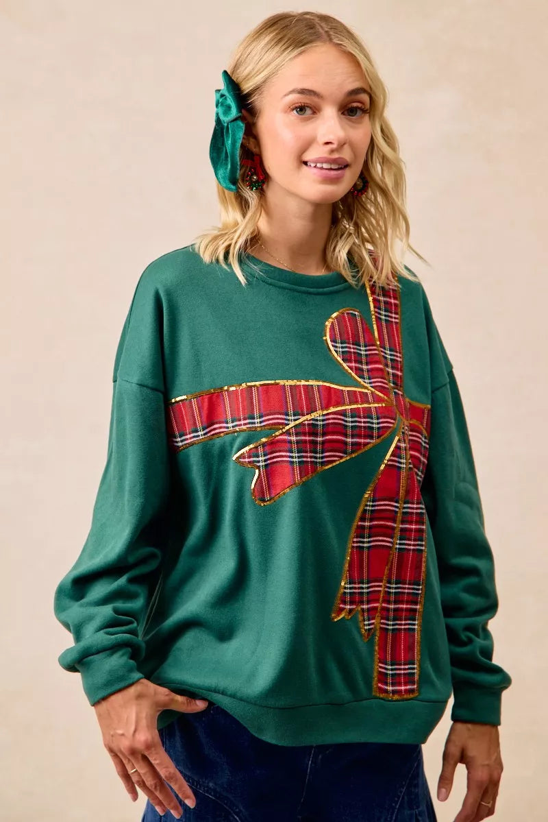 Plaid Ribbon Bow Detail Christmas Fleece Pullover Sweater - Tigbul's Variety Fashion Shop