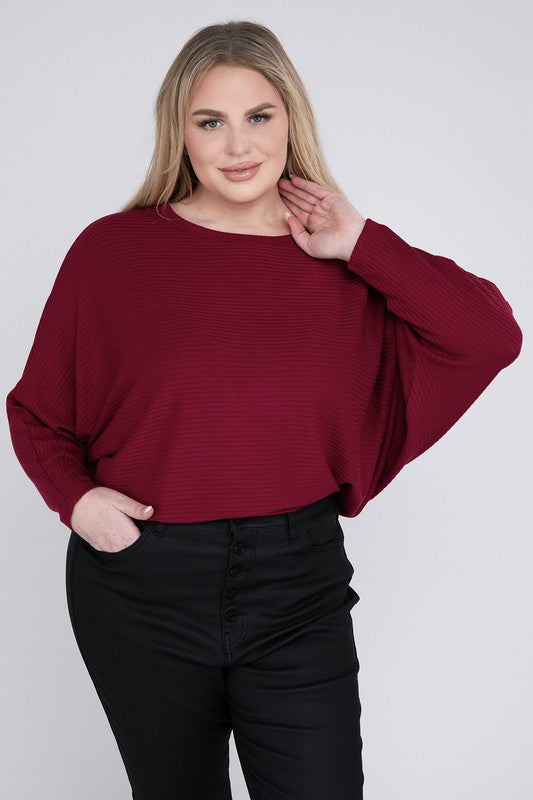 Plus Ribbed Batwing Long Sleeve Boat Neck Sweater - Tigbul's Variety Fashion Shop