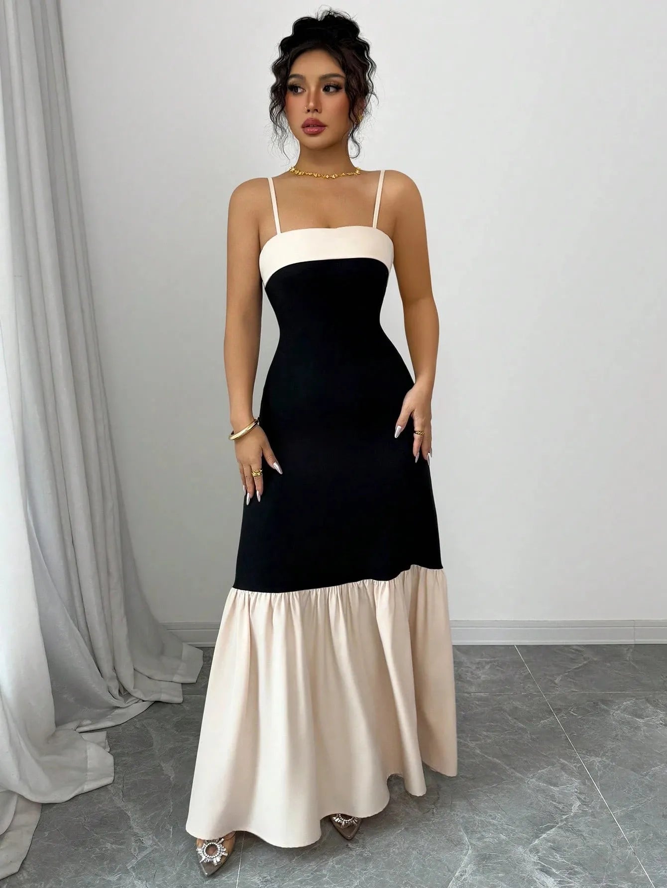 Two-Tone Spaghetti Strap Maxi Dress - Tigbul's Variety Fashion Shop