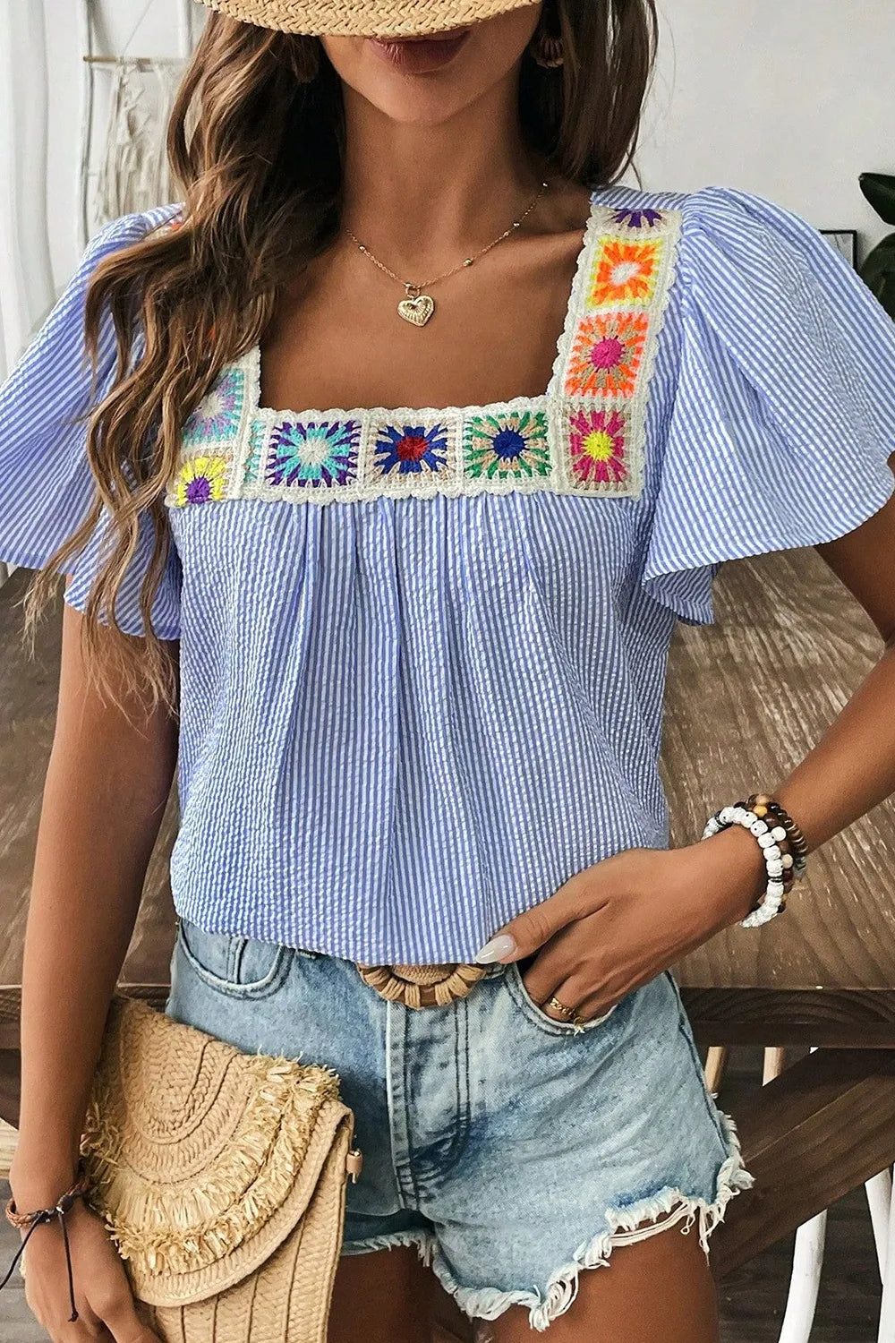 Stripe Textured Ruffle Short Sleeve Boho Detail Square Neck Blouse - Tigbul's Variety Fashion Shop