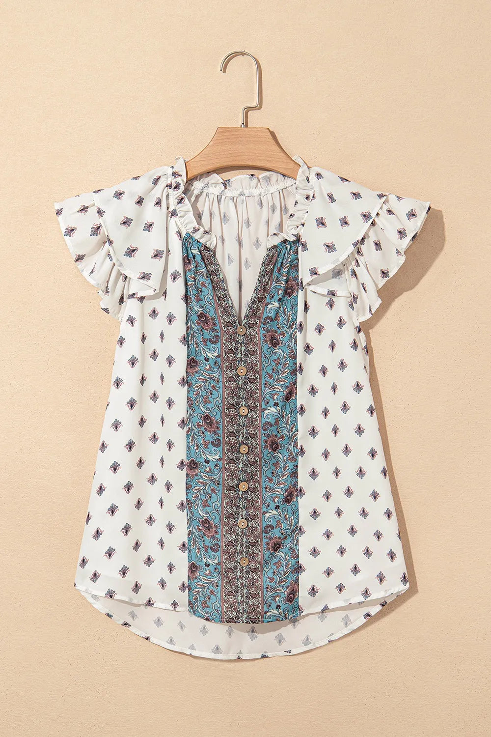 Pattern Tiered Ruffled Sleeve V Neck Buttoned White Blouse - Tigbul's Variety Fashion Shop