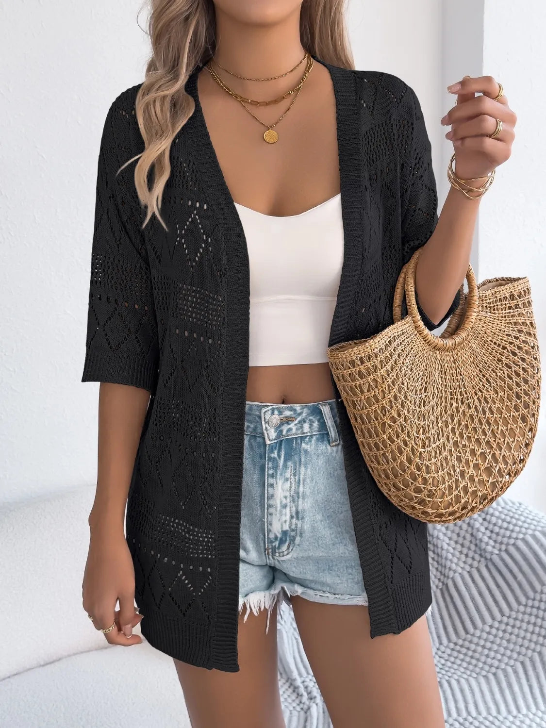 Openwork Open Front Half Sleeve Cardigan - Tigbul's Variety Fashion Shop