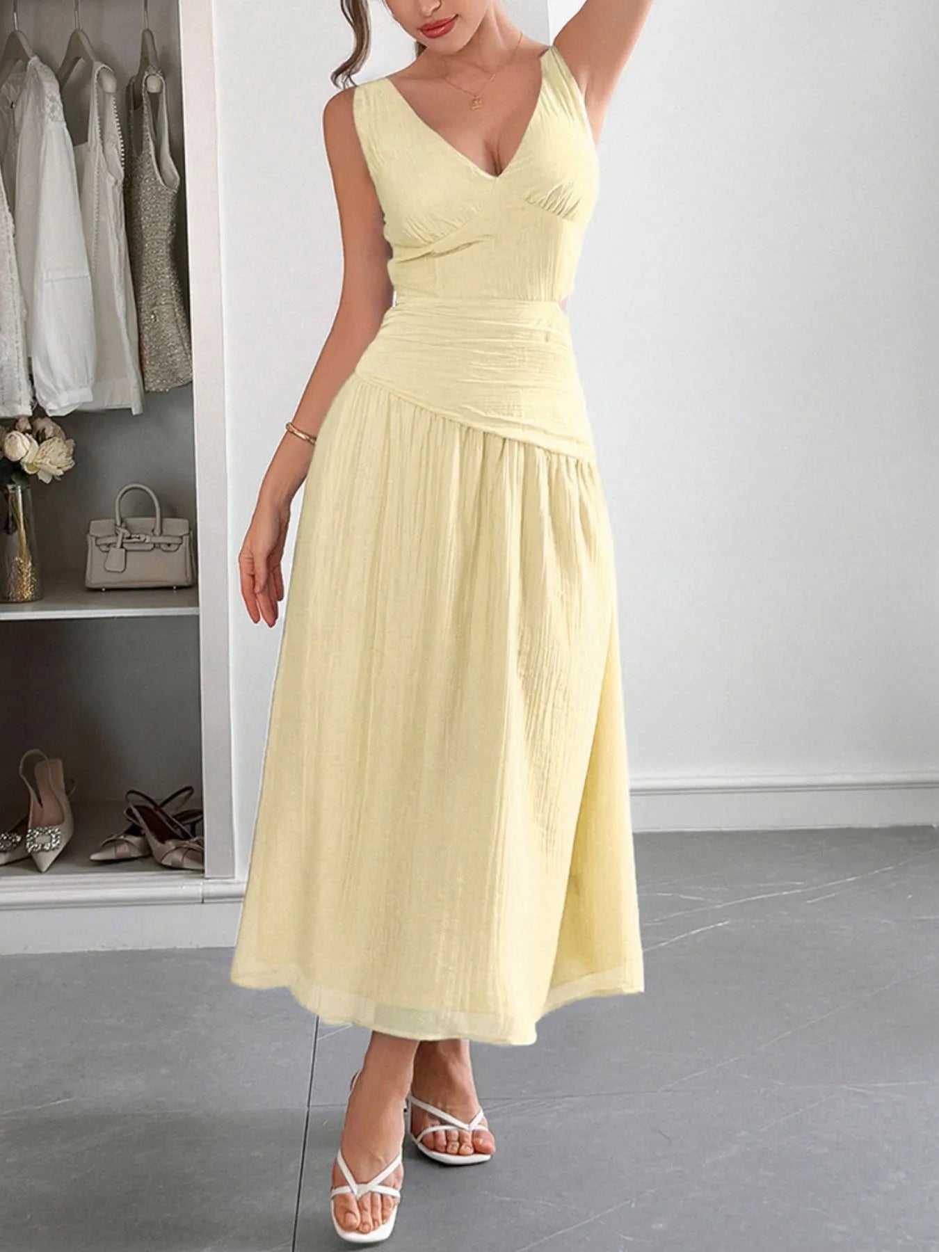 Cutout V-Neck Sleeveless Midi Dress - Tigbul's Variety Fashion Shop