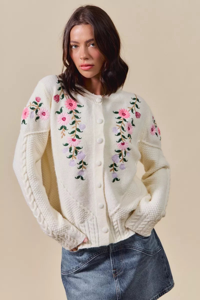 SO ME Floral Embroidered Coquette Sweater Cardigan - Tigbul's Variety Fashion Shop