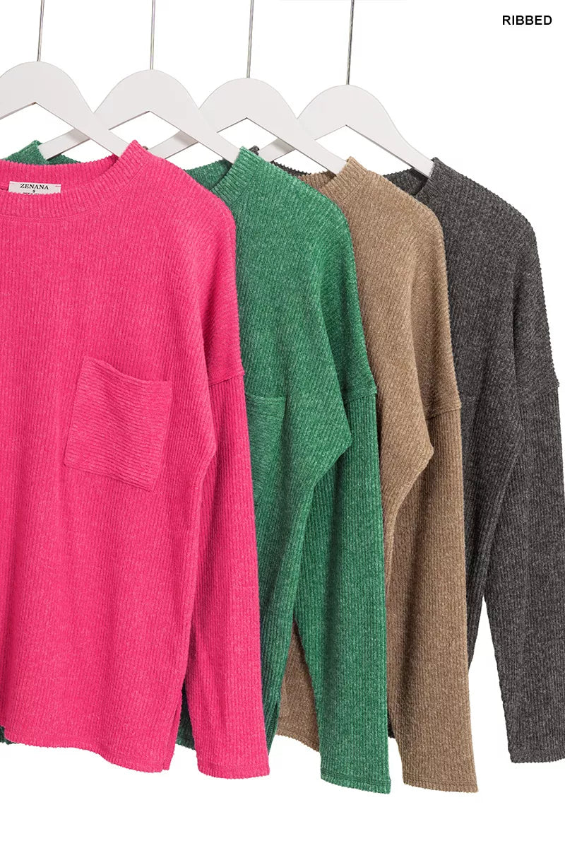Zenana Ribbed Brushed Melange Hacci Sweater with Chest Pocket - Tigbul's Variety Fashion Shop