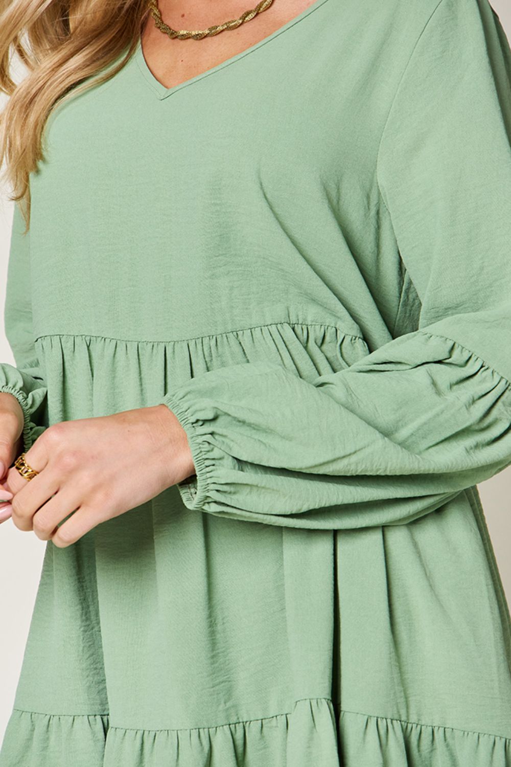 V-Neck Balloon Sleeve Tiered Dress with Pockets - Tigbul's Variety Fashion Shop
