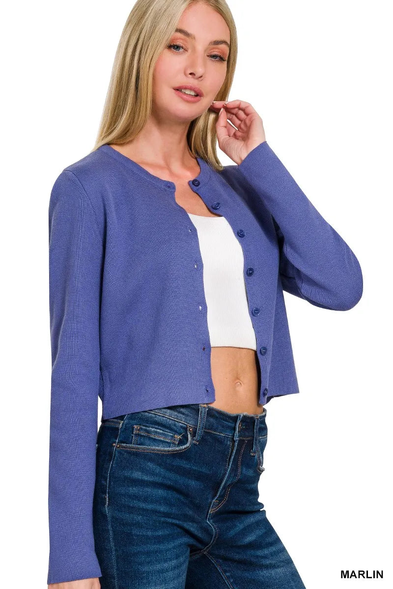 Zenana Button-Front Crewneck Long Sleeve Cropped Cardigan - Tigbul's Variety Fashion Shop