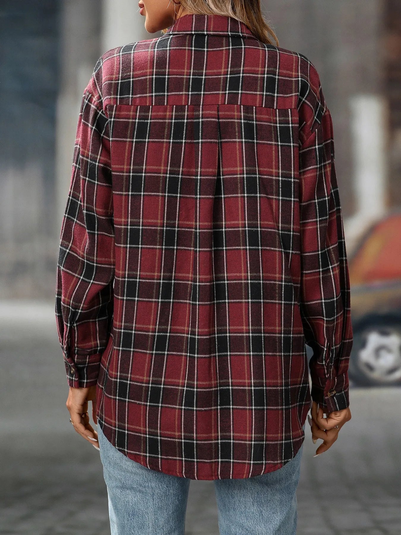 Plaid Button-Down Oversized Shirt - Tigbul's Variety Fashion Shop