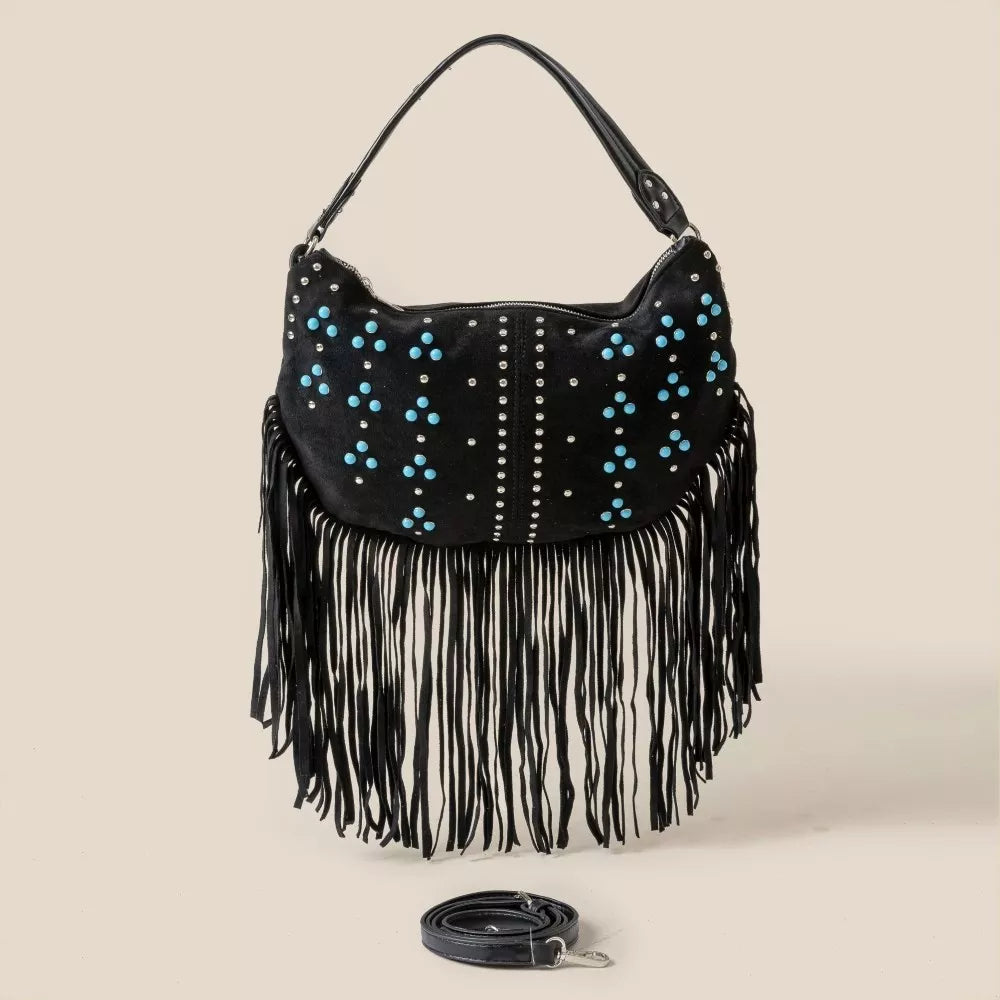 Black Studded Pattern Multi Fringe Hobo Shoulder Bag - Tigbul's Variety Fashion Shop