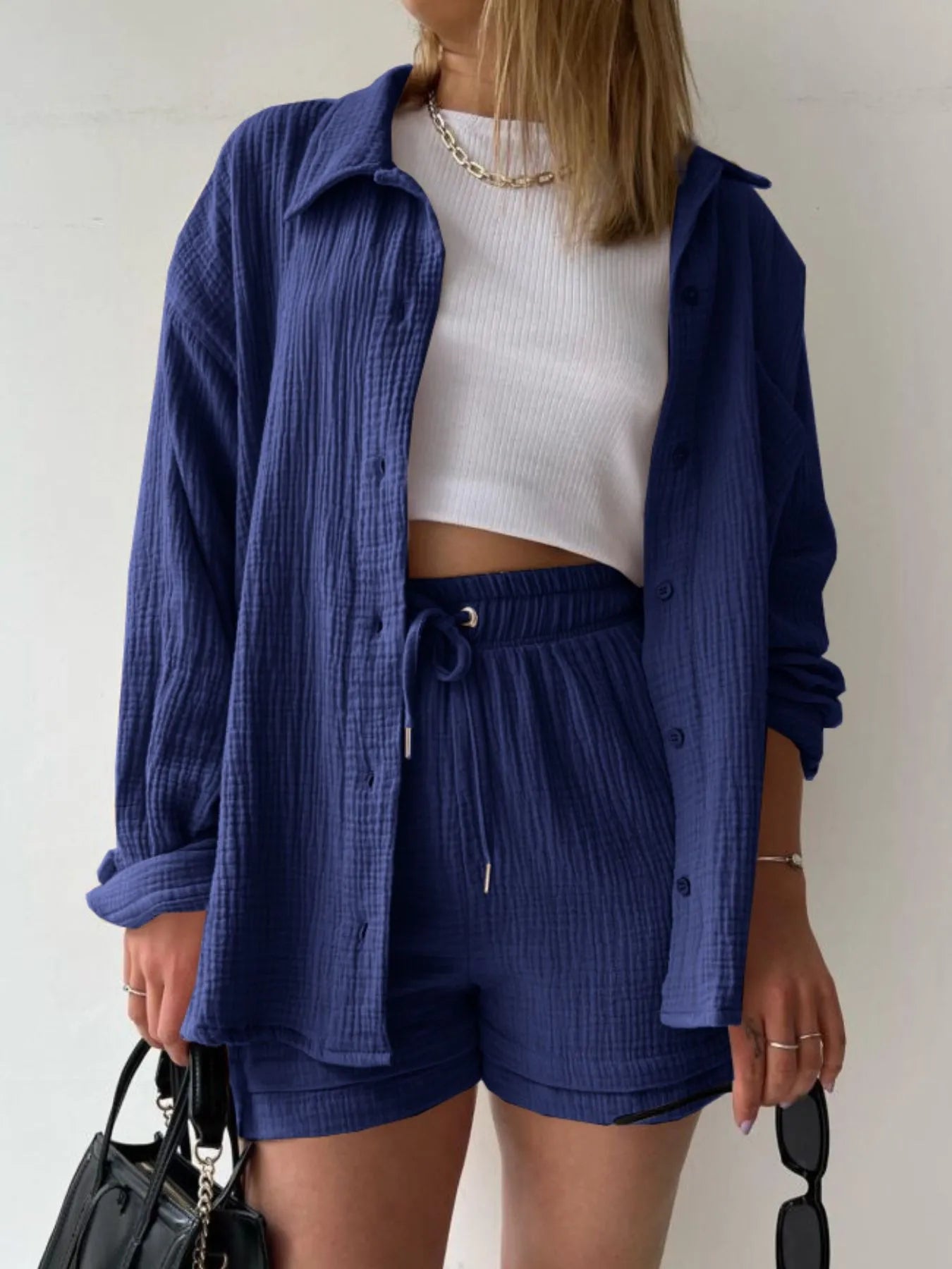 Textured Button Up Shirt and Shorts Set - Tigbul's Variety Fashion Shop