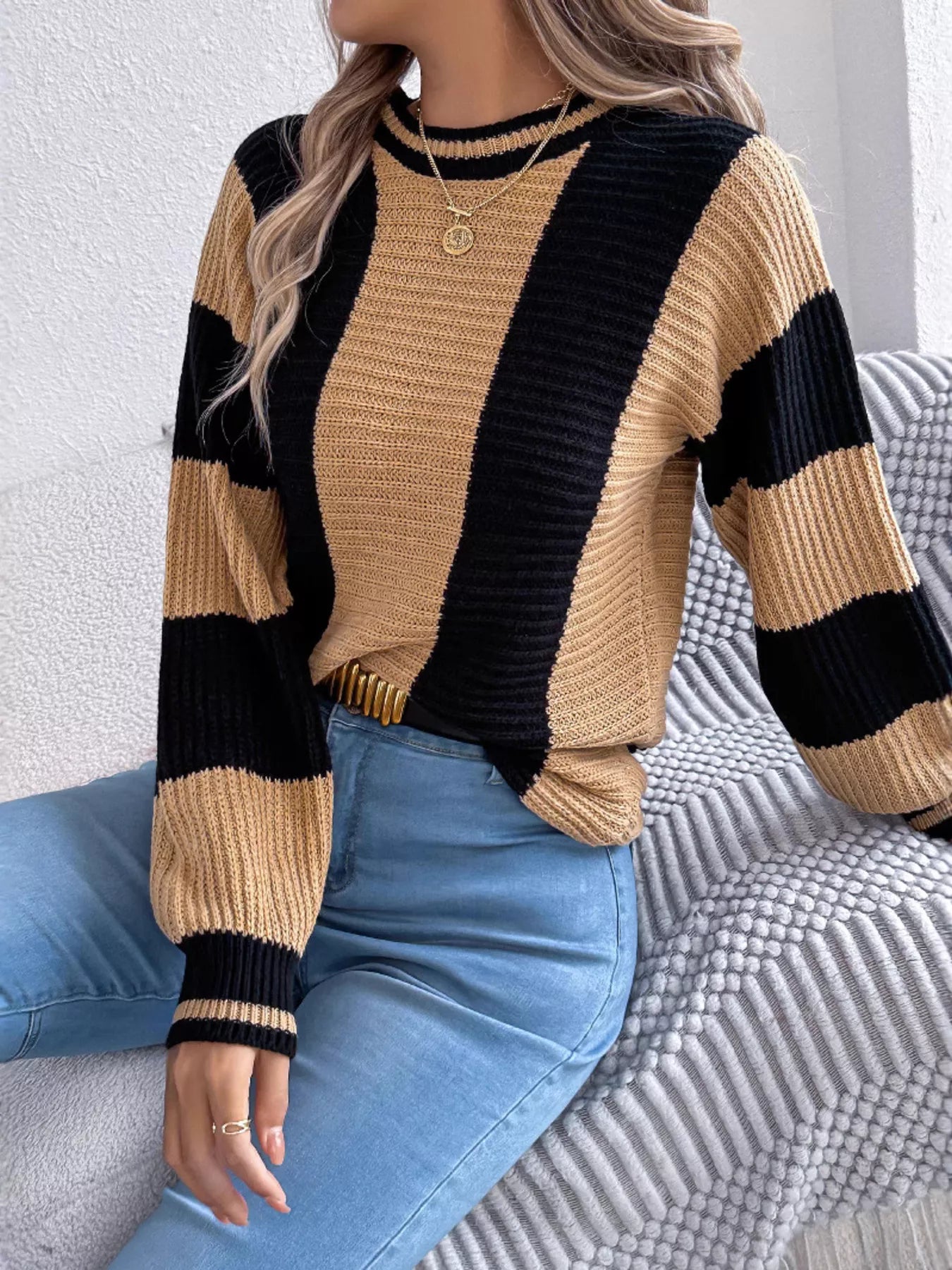 Color Block Round Neck Sweater - Tigbul's Variety Fashion Shop