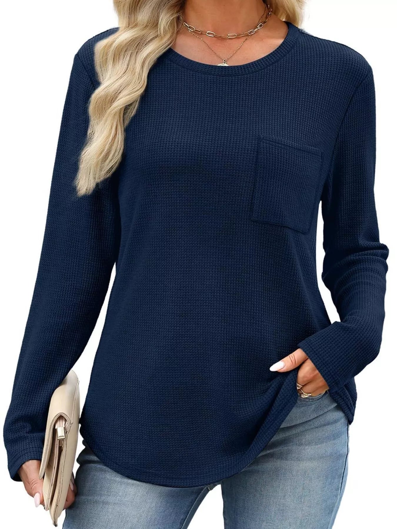 Waffle Knit Long Sleeve Pocket T-Shirt - Tigbul's Variety Fashion Shop