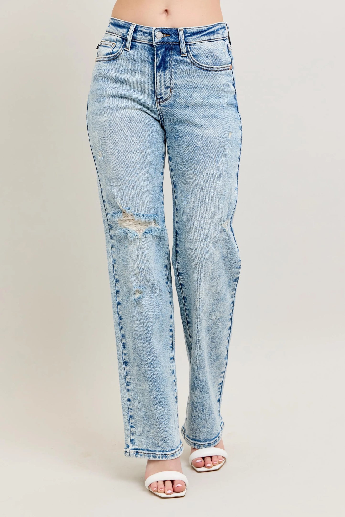 Judy Blue High Waist Mineral Wash Distressed 90's Straight Jeans - Tigbul's Variety Fashion Shop