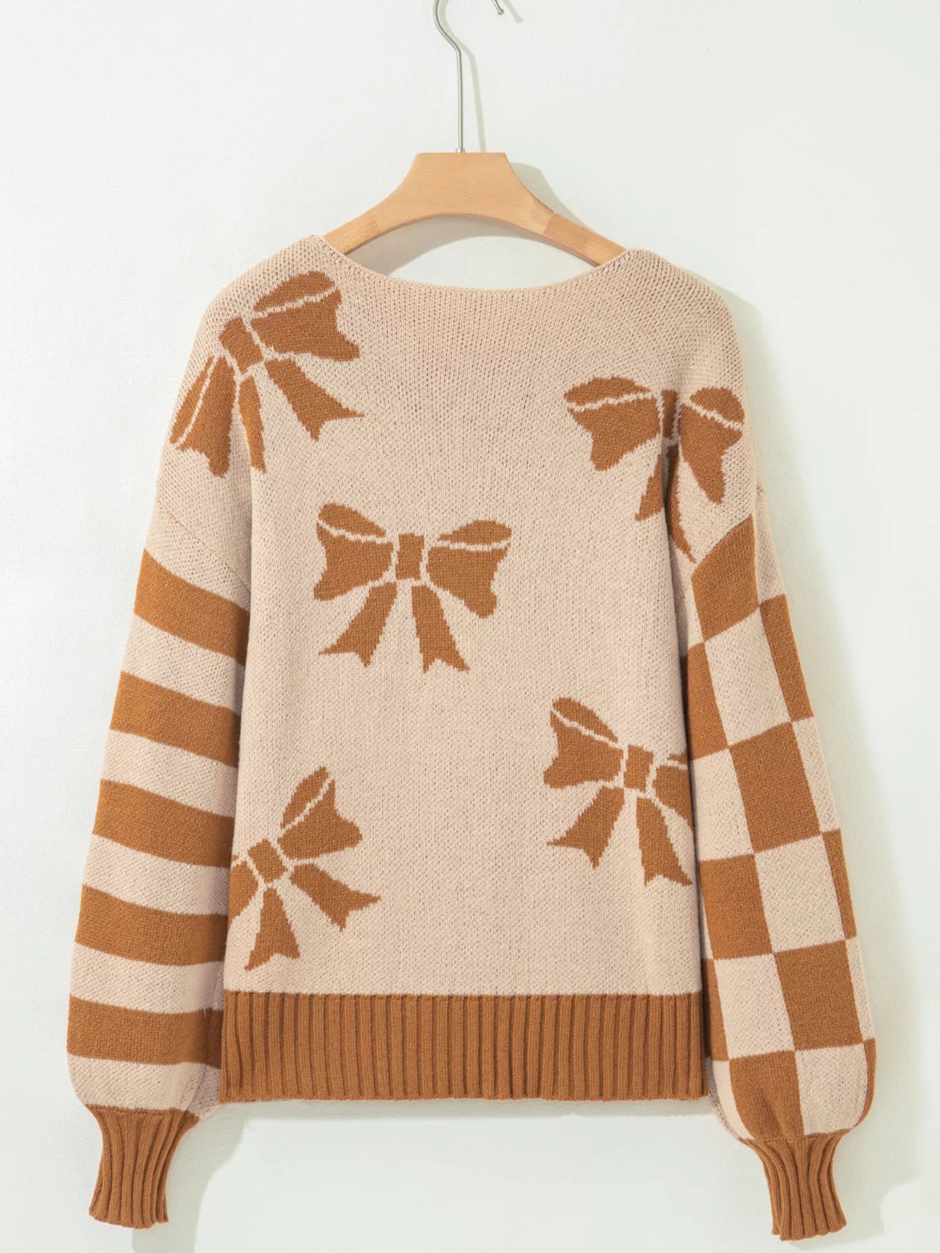 Ribbon Bow Checkered Striped Sleeve Drop Shoulder Sweater - Tigbul's Variety Fashion Shop