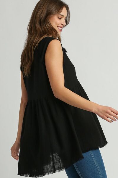 Black Raw Hem Linen Round Neck Sleeveless Top - Tigbul's Variety Fashion Shop