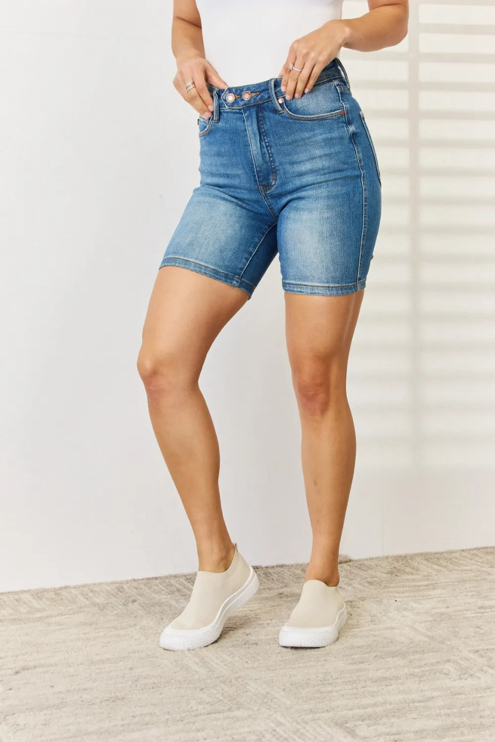 Judy Blue Full Size Tummy Control Double Button Bermuda Denim Shorts - Tigbul's Variety Fashion Shop
