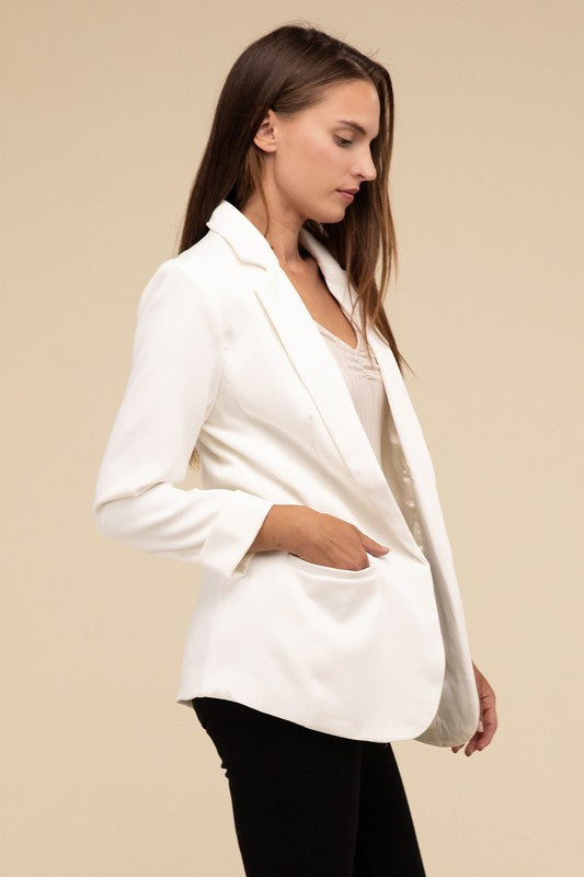 Woven Long Sleeve Open Front Classic Blazer - Tigbul's Variety Fashion Shop