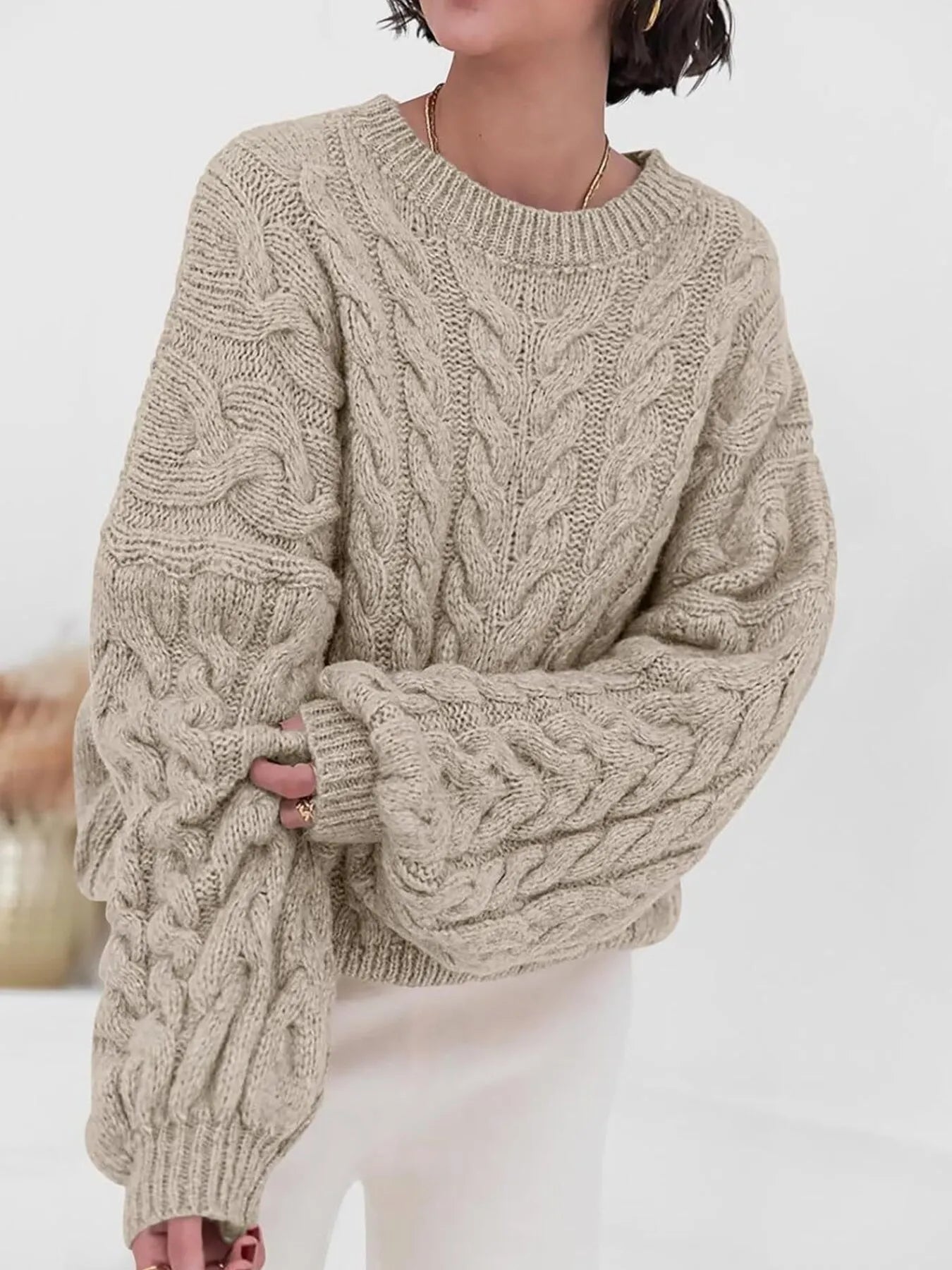 Cable Knit Long Sleeve Sweater - Tigbul's Variety Fashion Shop