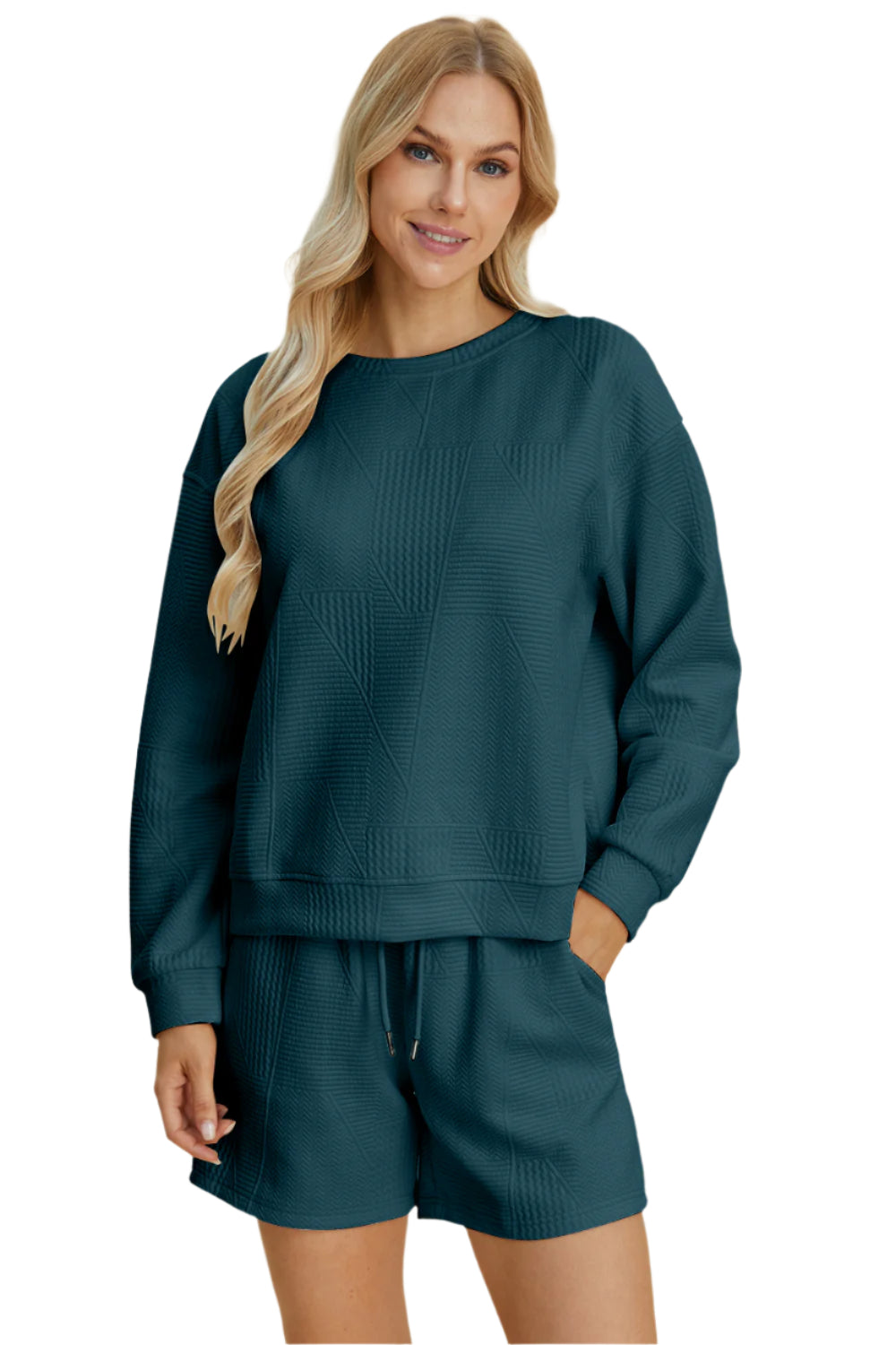 Size Small Blue Textured Long Sleeve Top and Shorts Set - Tigbul's Variety Fashion Shop