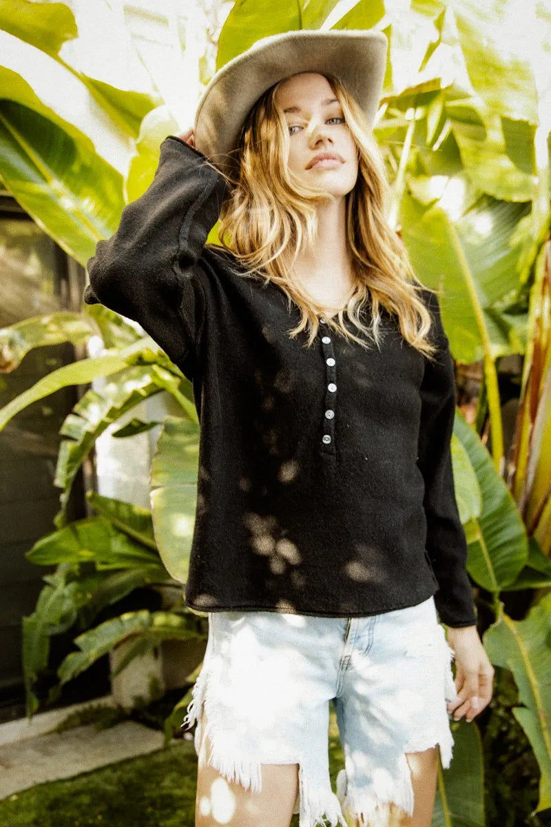 BiBi V Neck Sweater Top With Button Details - Tigbul's Variety Fashion Shop