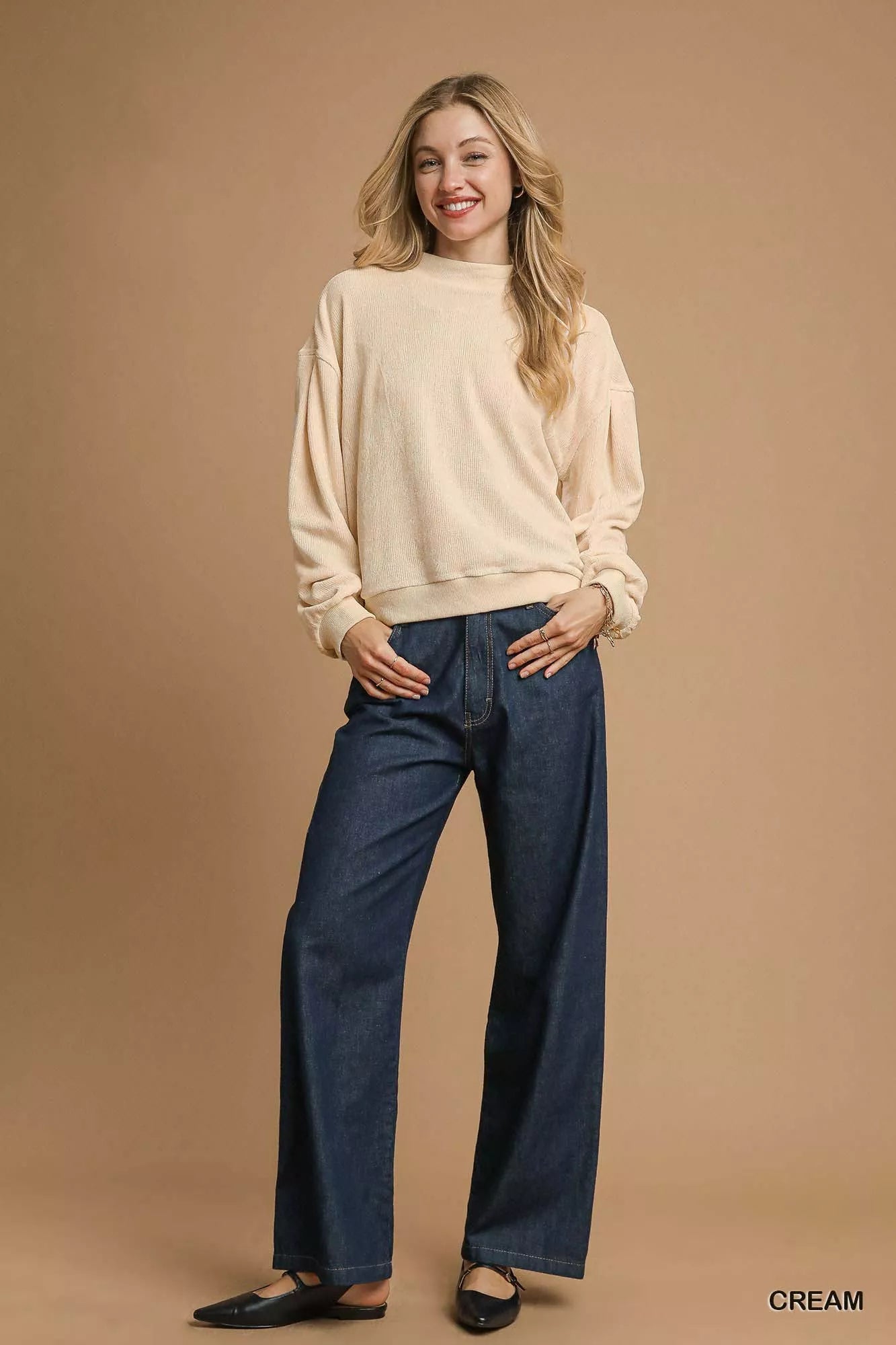 Umgee Velour Crewneck Balloon Sleeve Sweatshirt - Tigbul's Variety Fashion Shop