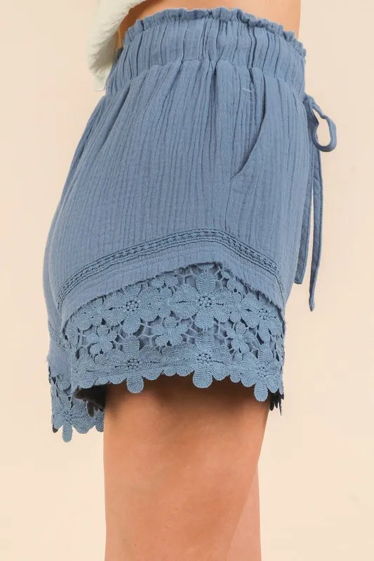Lace Contrast Detail Woven Blue Shorts - Tigbul's Variety Fashion Shop