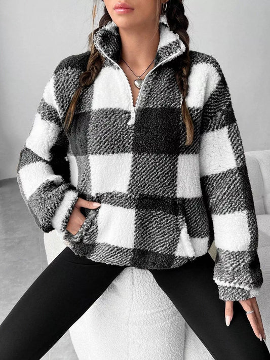 Full Size Plaid Sherpa Long Sleeve Sweatshirt Plus Size - Tigbul's Variety Fashion Shop