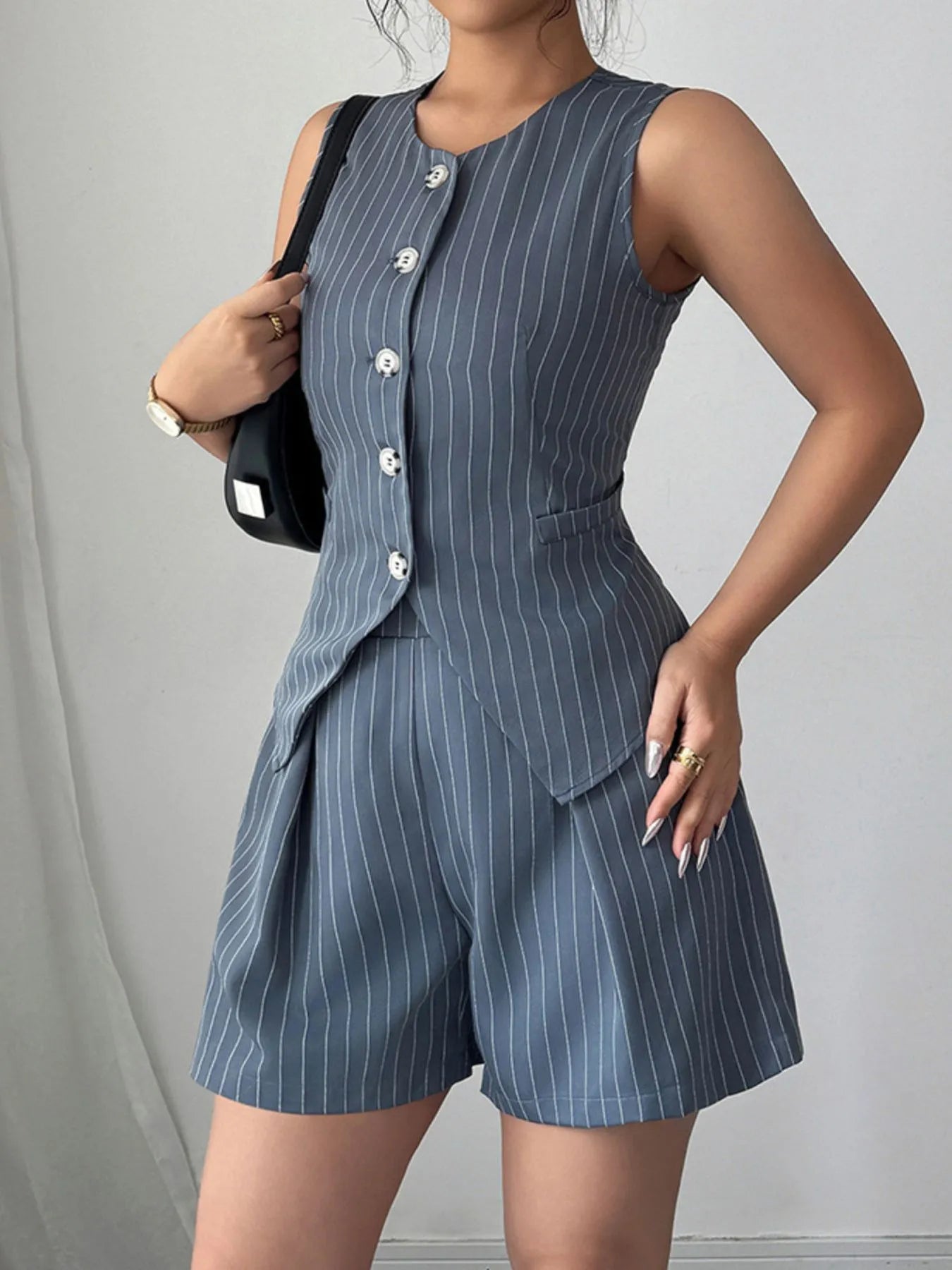Striped Button Up Vest and Shorts Set - Tigbul's Variety Fashion Shop