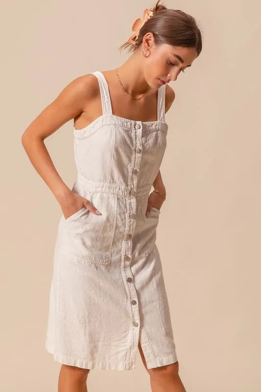 Button Down Pocket Front Off White Pinafore Dress - Tigbul's Variety Fashion Shop