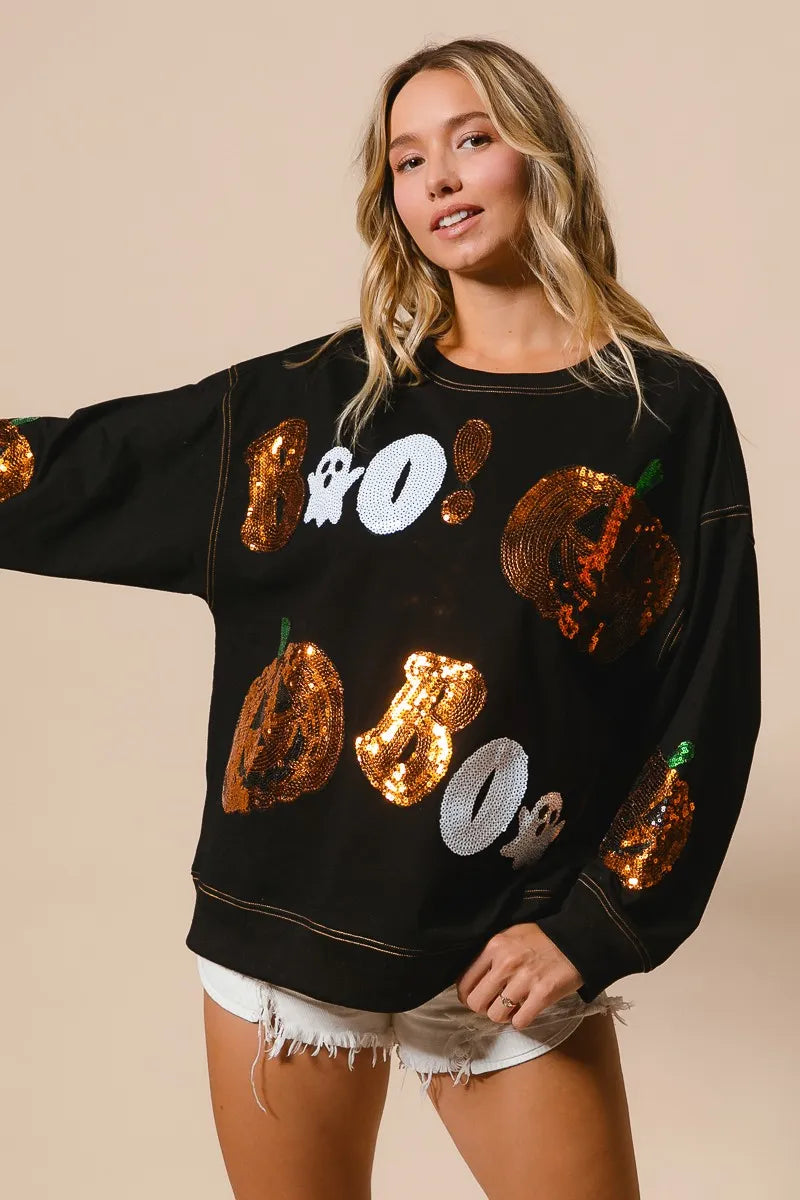BiBi Halloween Theme Sequin Embroideries Sweatshirt - Tigbul's Variety Fashion Shop