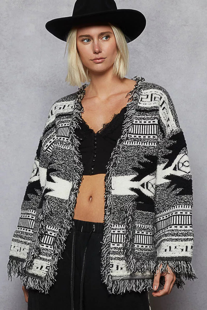 POL Open Front Black Geometric Print Cardigan with Fringe Detail - Tigbuls