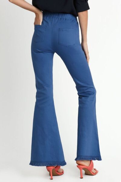 Blue Wide Flare Leg Stretch Pants with Frayed Hem - Tigbul's Variety Fashion Shop