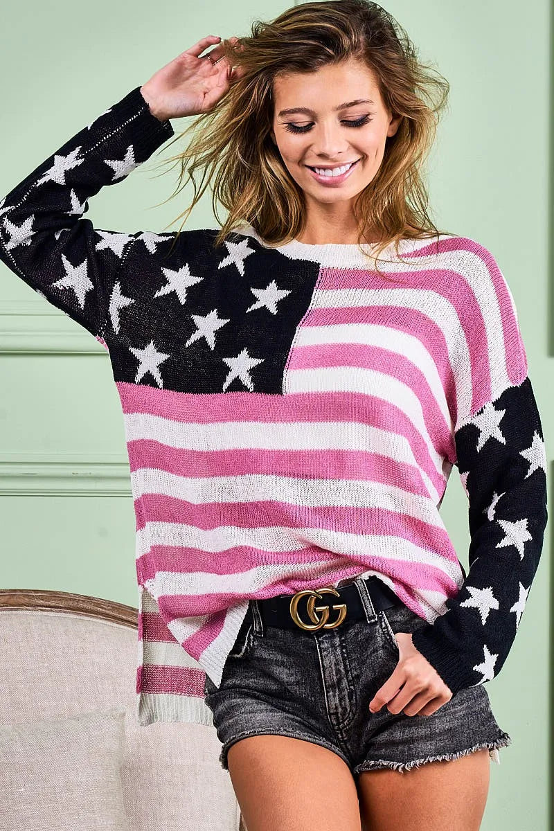 American Flag Low Gauge Knit Top - Tigbul's Variety Fashion Shop