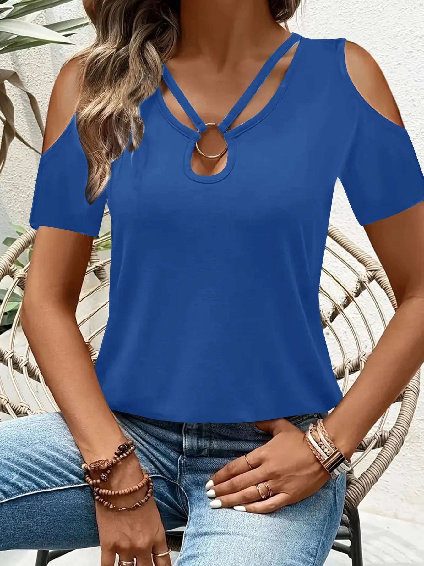 Cold Shoulder T-Shirt with Metal Ring Detail - Tigbul's Variety Fashion Shop