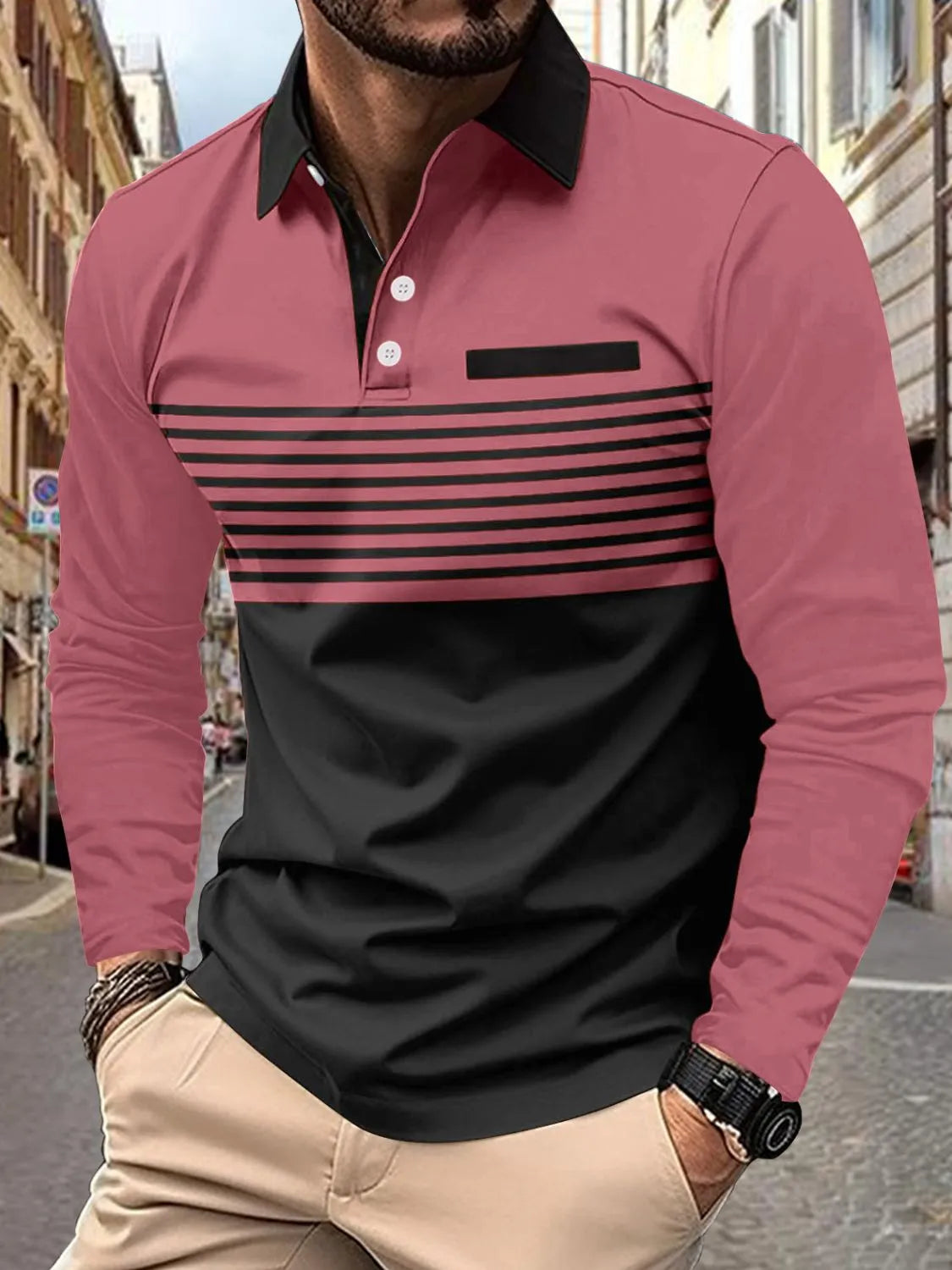 Men's Collared Neck Long Sleeve Striped Polo - Tigbul's Variety Fashion Shop