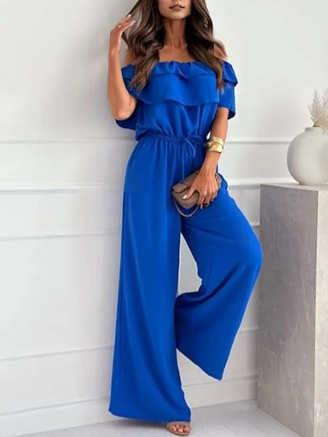 Off-Shoulder Ruffled Wide Leg Jumpsuit - Tigbul's Variety Fashion Shop