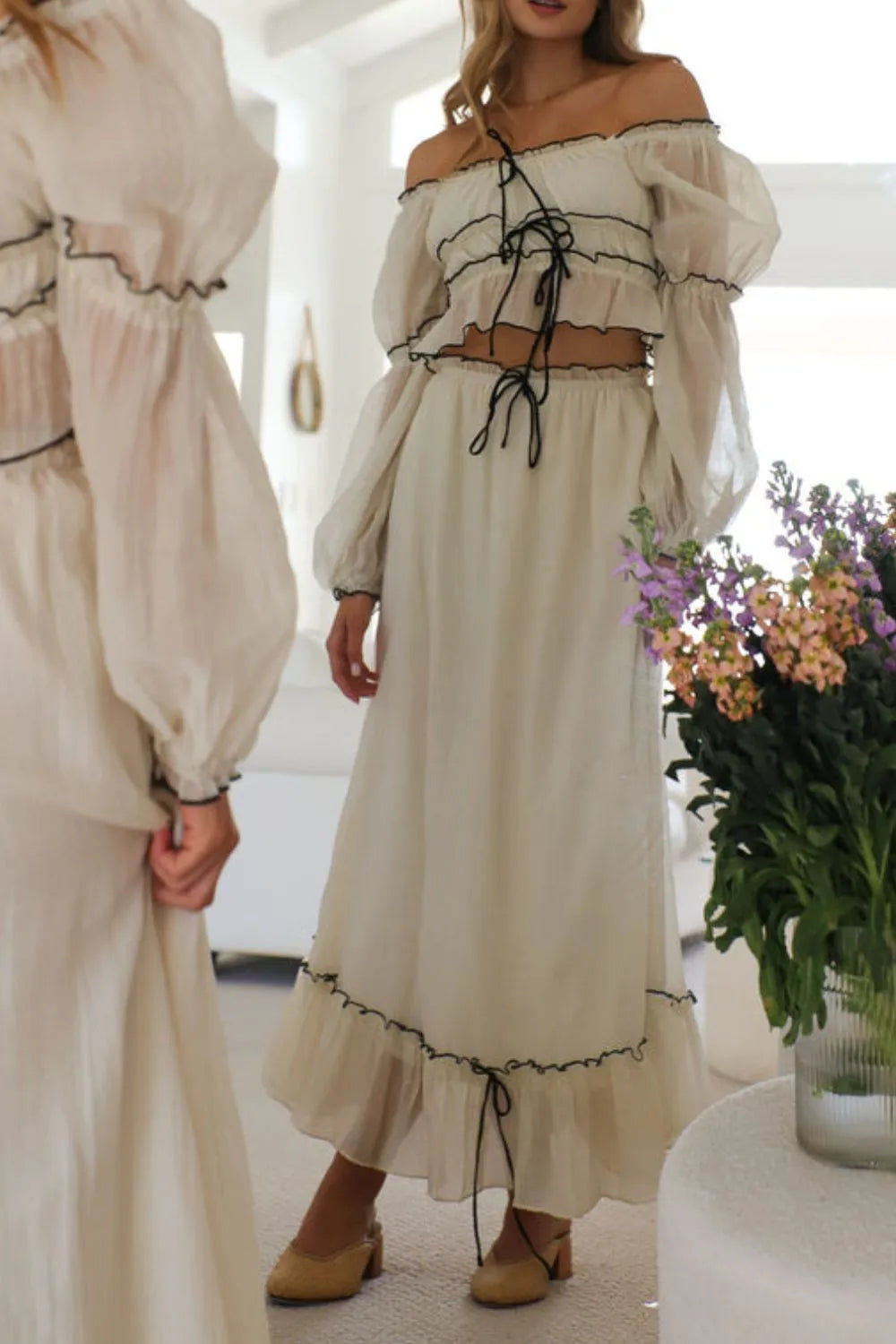 Off-Shoulder Cream Top and Skirt Set - Tigbul's Variety Fashion Shop