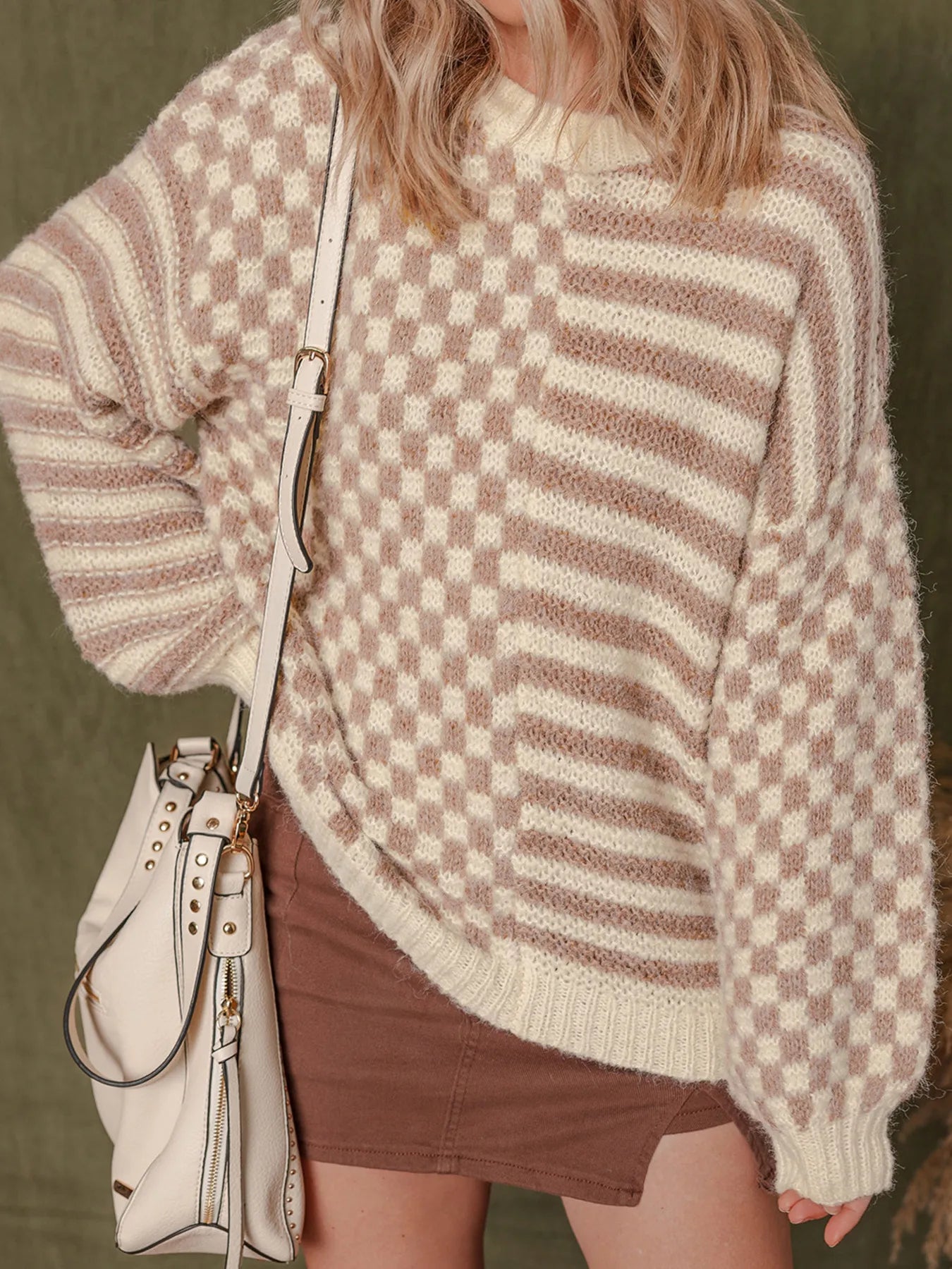Stripe Checkerboard Drop Shoulder Balloon Sleeve Sweater - Tigbul's Variety Fashion Shop