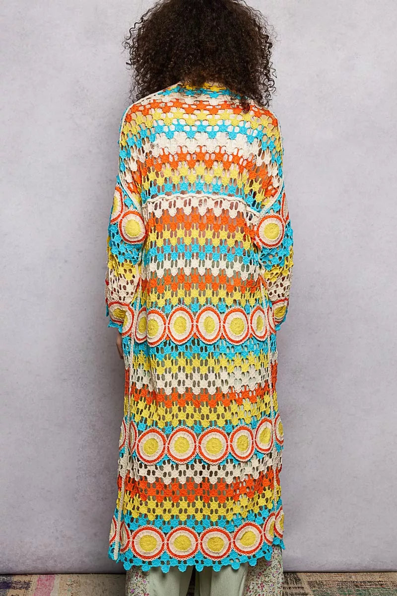 POL Scalloped Edge Open Front Crochet Cardigan with Colorful Stripe Pattern - Tigbul's Variety Fashion Shop